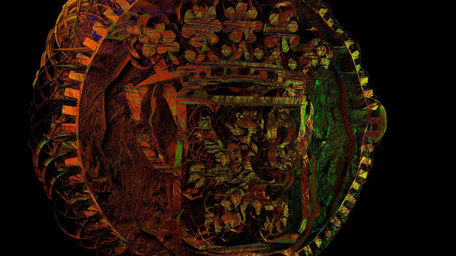 Close-up of a corroded copper crest from Rusty Odyssey