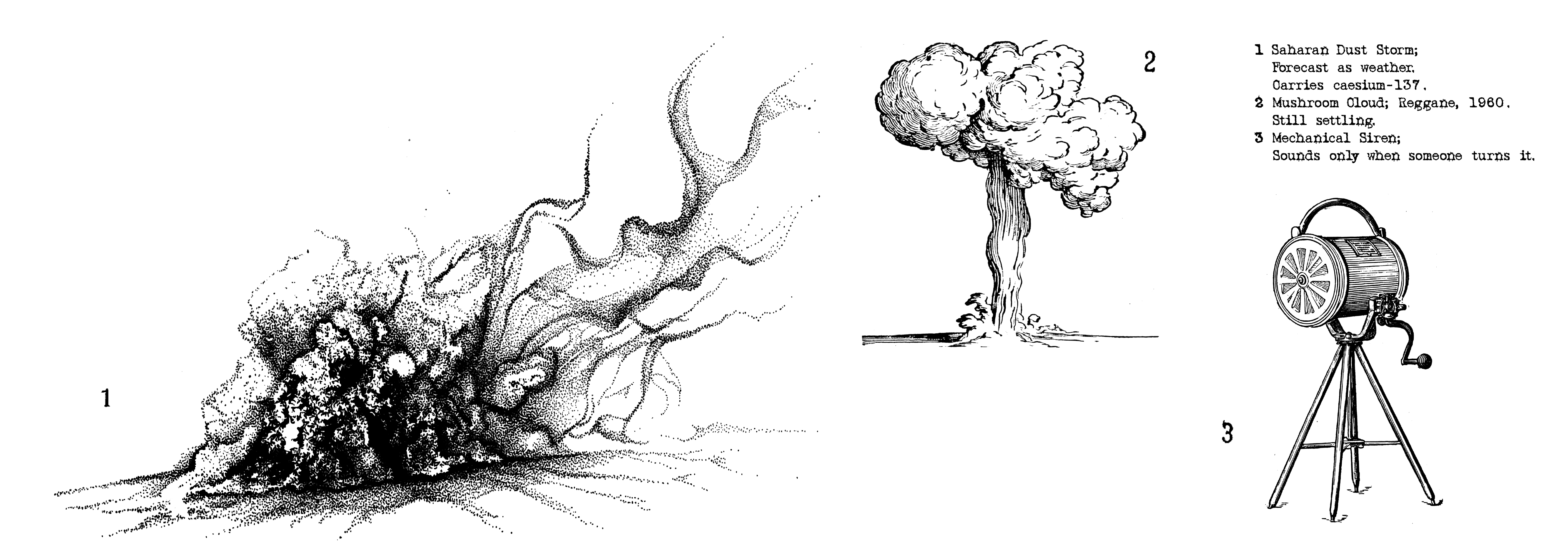 Illustrations of a Saharan sand storm, a mechanical siren, and a mushroom cloud